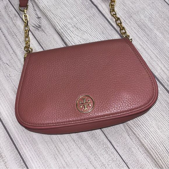 Tory Burch Pink Landon Logo Leather Crossbody Wallet Purse - Picture 2 of 6